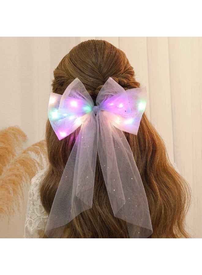 JEAIRTS Led Bow Clip Glowing Rainbow Veil Wedding Hair Piece Barrette Colorful Tulle Bow With Clips Bachelorette Party Hair Accessories For Women And Girls - Image 4
